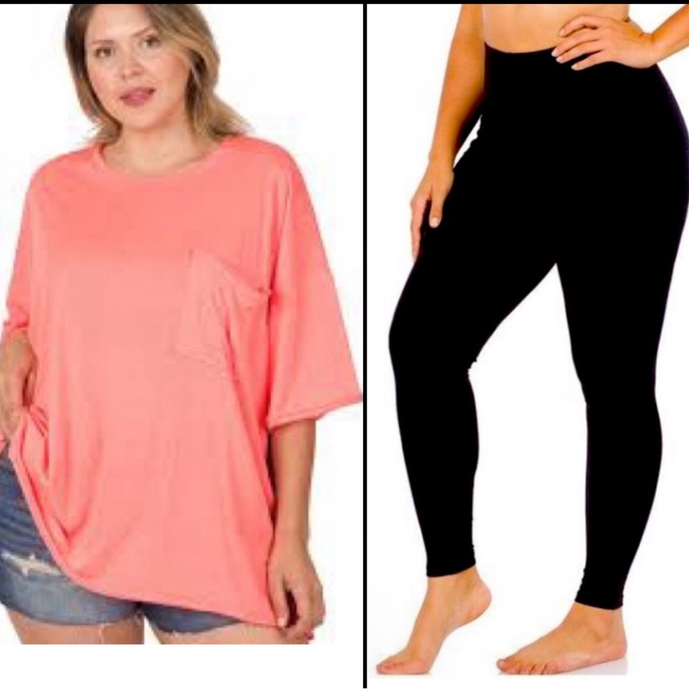 🖤 NWOT Zenana Black Cotton Spandex Leggings & Mauve Oversized Top Set!